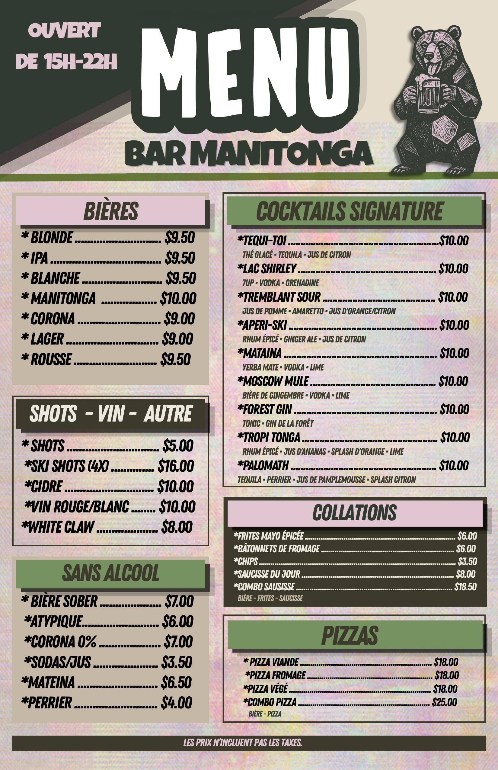 Menu du bar Manitonga (français)