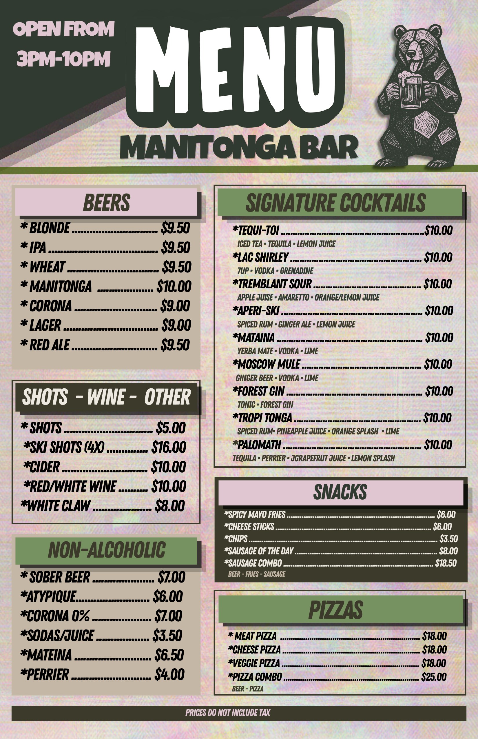 Manitonga bar menu (English)